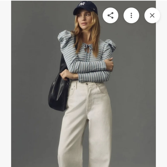 Anthro Porridge Puff Sleeve Striped Ribbed Blue White Top, L - Picture 4 of 11